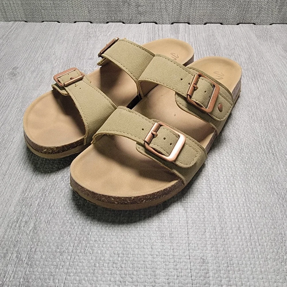Mad Love Keava Footbed Sandals Womens 6 Taupe Double Strap Buckle Casual Slide